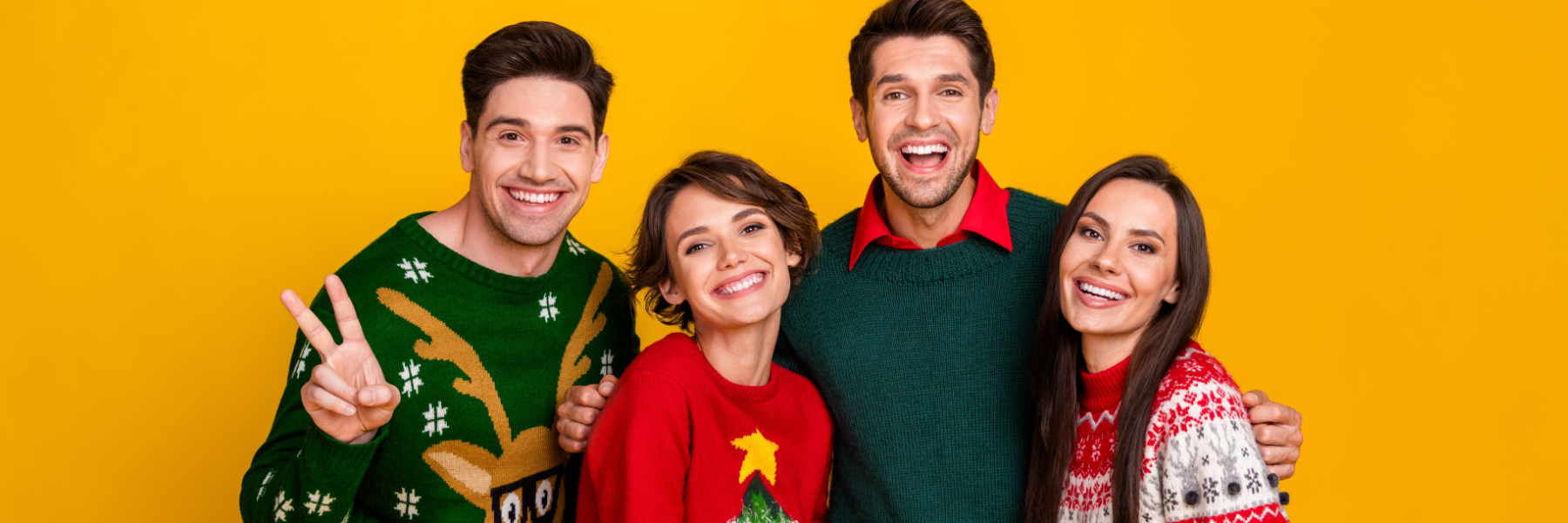 Group Ugly Holiday Sweaters Yellow Background 1800X600